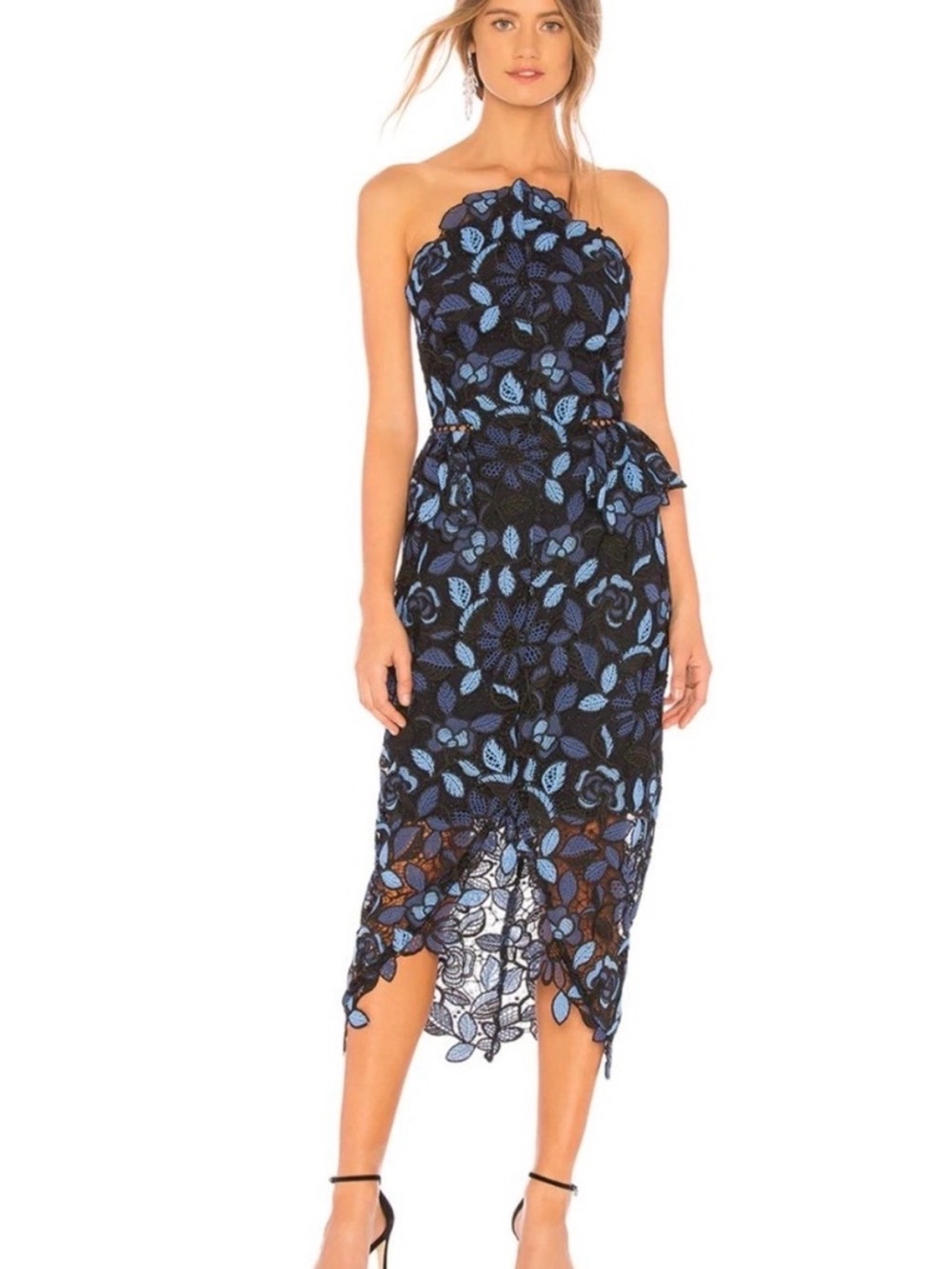 Elliatt Strapless Black Dress with Blue Lace Floral Overlay